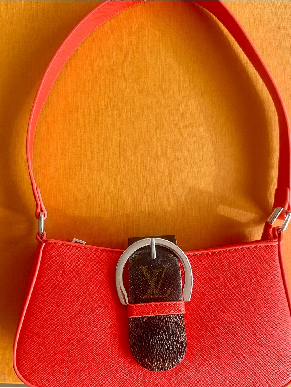Red Leather Shoulder Bag with Contrast Tab